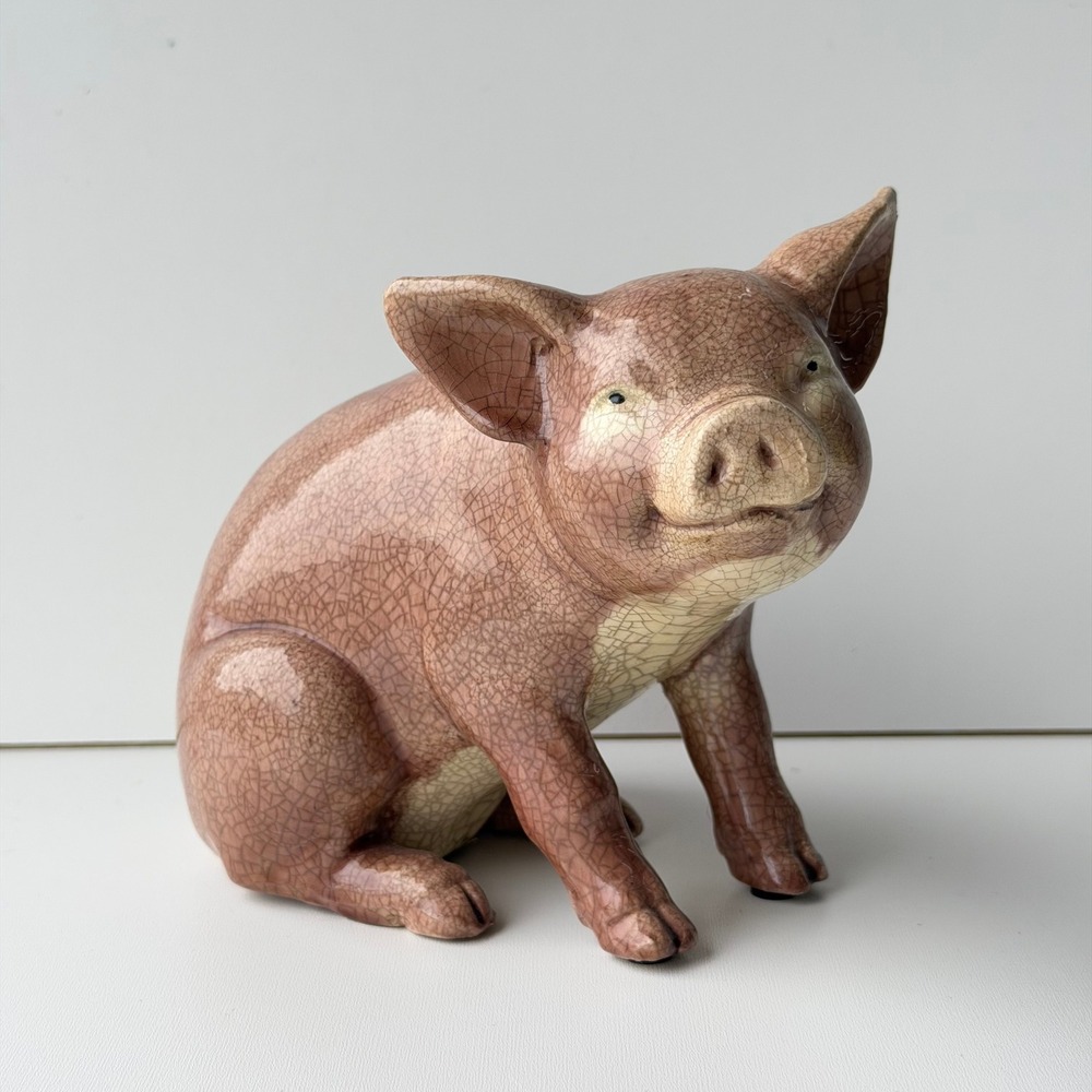 Vintage Ceramic Pig Figurine Pink Farmhouse Crackle Glaze Rustic Art Deco